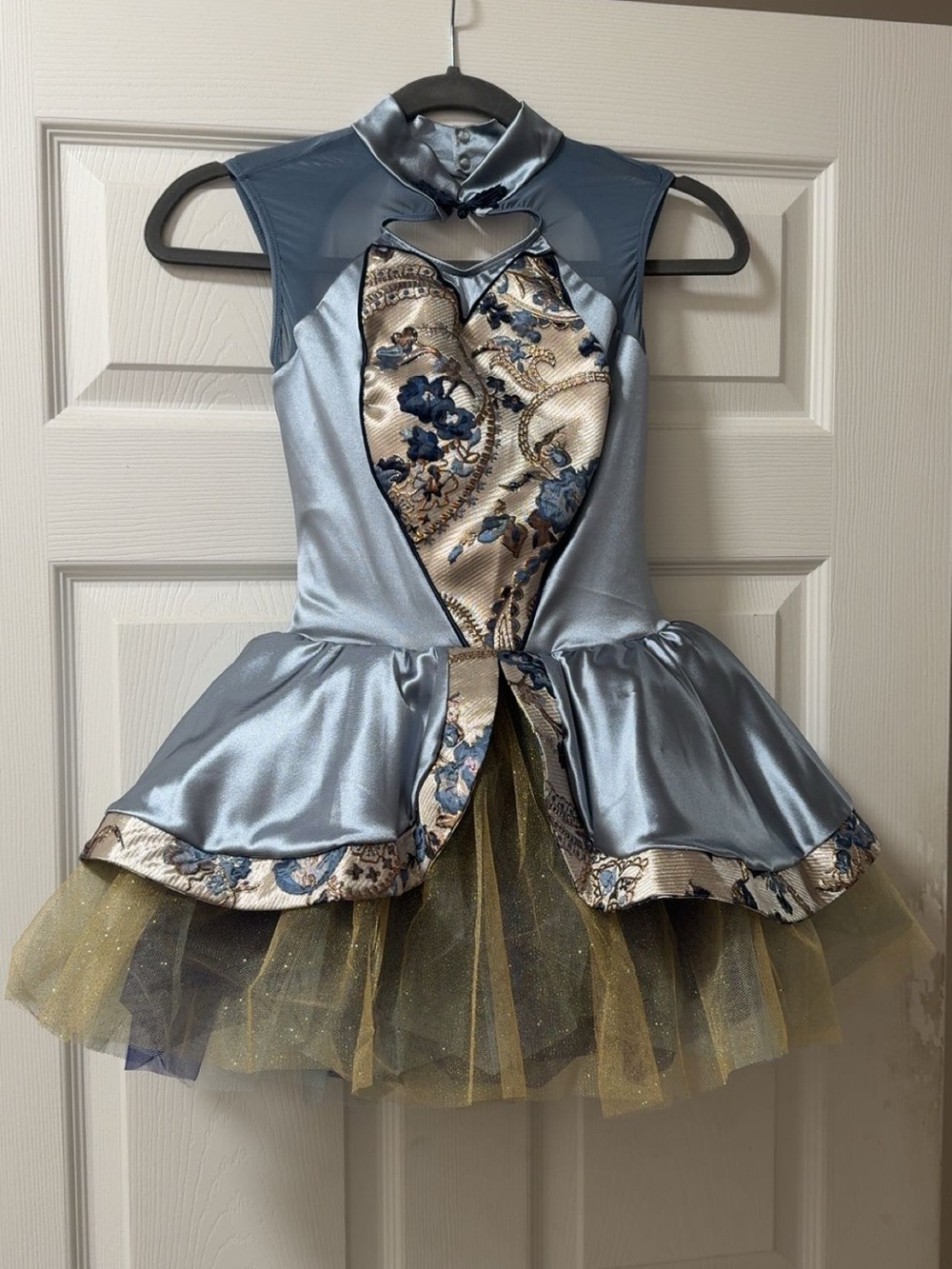 Girls Blue Satin and Gold Tulle Dance Costume Dress